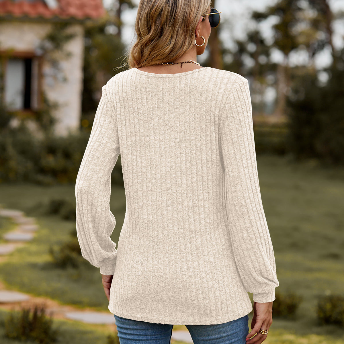 Round Neck Button-Down Long Sleeve Tee