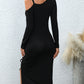 Asymmetrical Neck Drawstring Slit Dress