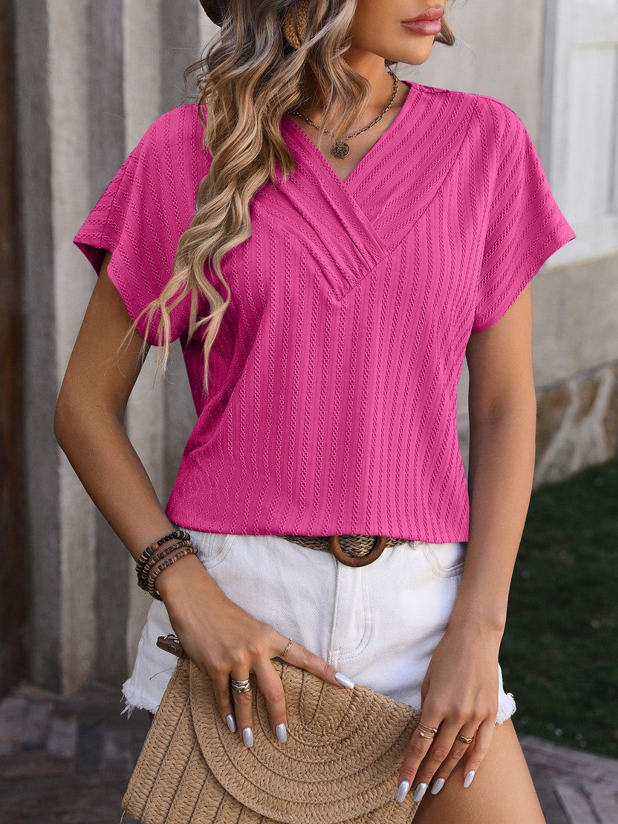 Mandy Textured Surplice Short Sleeve Blouse Hot Pink
