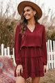 Tied Frill Trim Puff Sleeve Mini Dress Burgundy