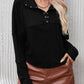 Ribbed Knit Henry Collar Loose Fitting Long Sleeve Top