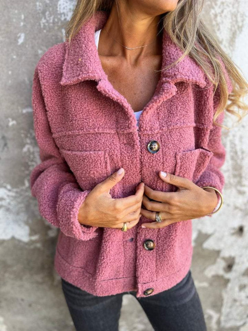 Full Size Fuzzy Button Up Drop Shoulder Jacket Dusty Pink