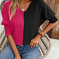 Contrast V-Neck Lantern Sleeve Blouse