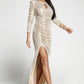 Sequin Cutout Ruched Split Long Sleeve Maxi Dress