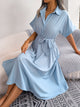Short Sleeve Collared Tie Belt Dress Light Blue