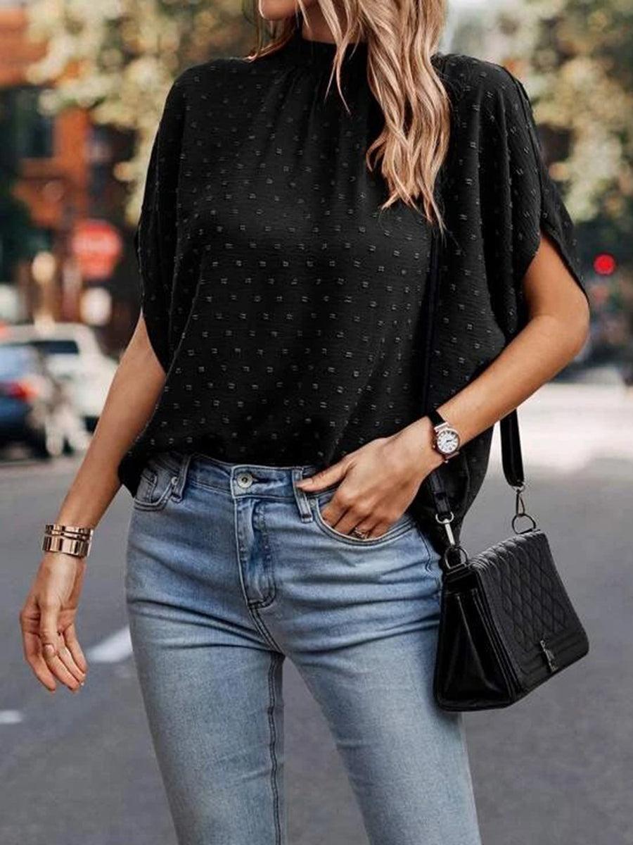Swiss Dot Mock Neck Half Sleeve Blouse Black