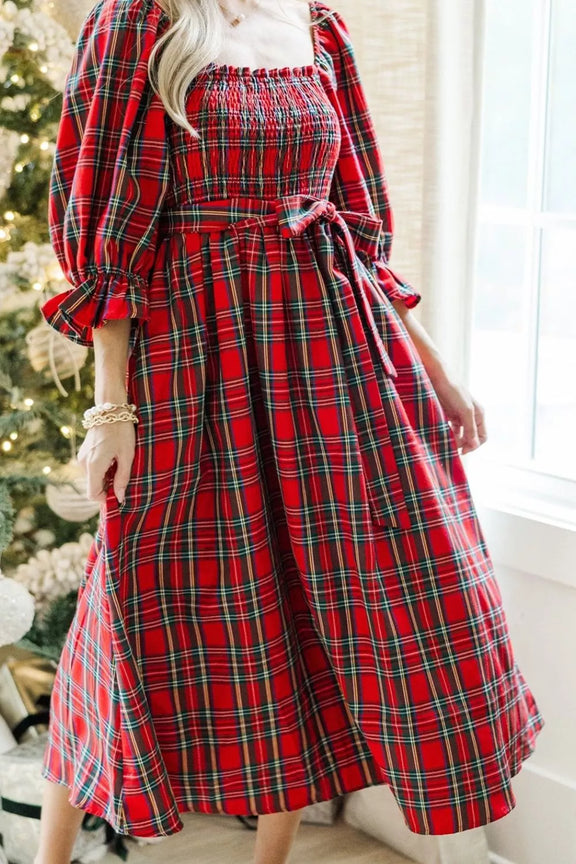 Plaid Smocked Flounce Sleeve Midi Dress