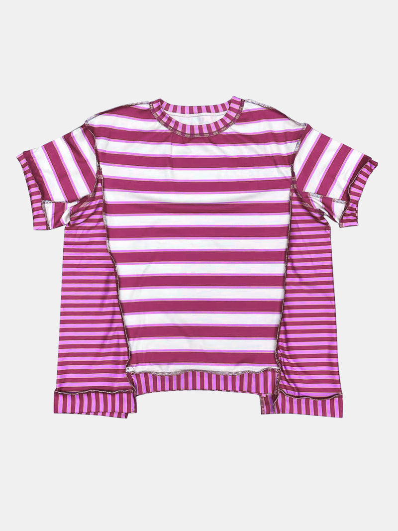 Full Size Contrast Stitching Striped Round Neck T-Shirt