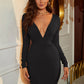 Ribbed Deep V Long Sleeve Mini Bandage Dress