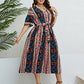 Plus Size Bohemian V-Neck Tie Belt Midi Dress