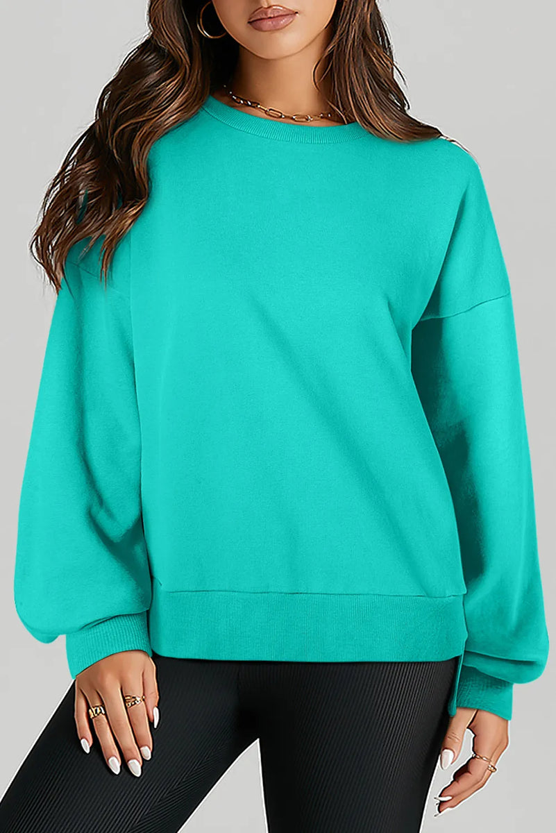 High-Low Round Neck Long Sleeve Sweatshirt Turquoise