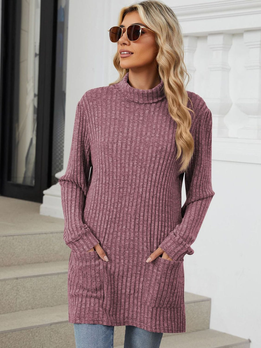 Ribbed Mock Neck Long Sleeve T-Shirt Mauve
