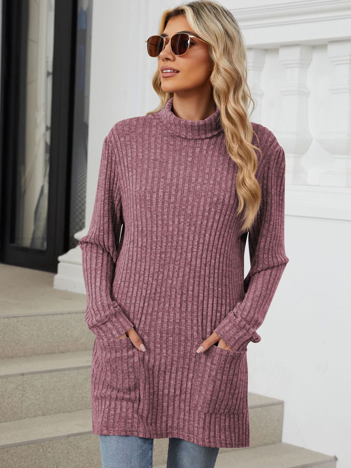 Ribbed Mock Neck Long Sleeve T-Shirt Mauve