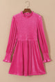 Smocked Round Neck Long Sleeve Dress Hot Pink