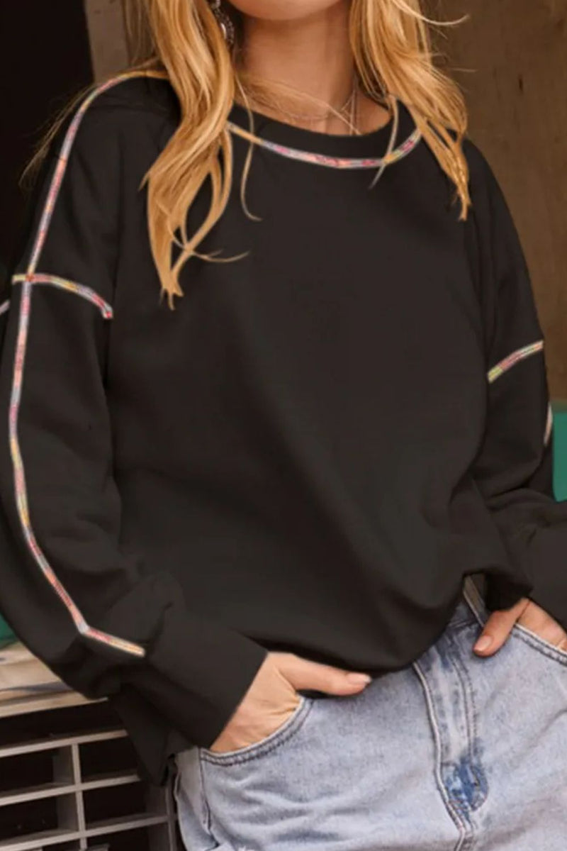 Rainbow Trim Round Neck Long Sleeve Sweatshirt Black