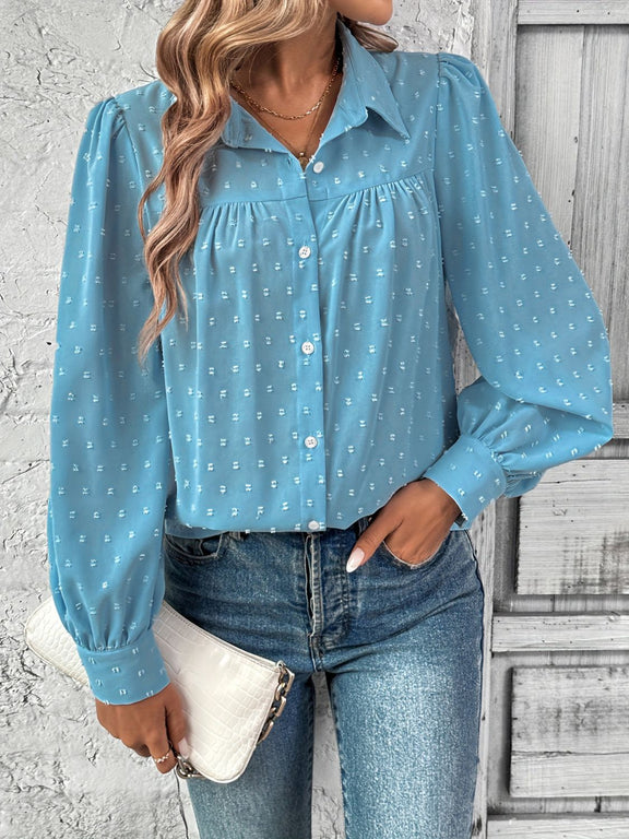 Full Size Swiss Dot Collared Neck Long Sleeve Shirt Sky Blue