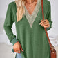 Crochet Contrast V-Neck Long Sleeve Slit T-Shirt