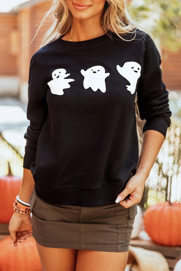 Ghost Round Neck Long Sleeve Sweatshirt Black