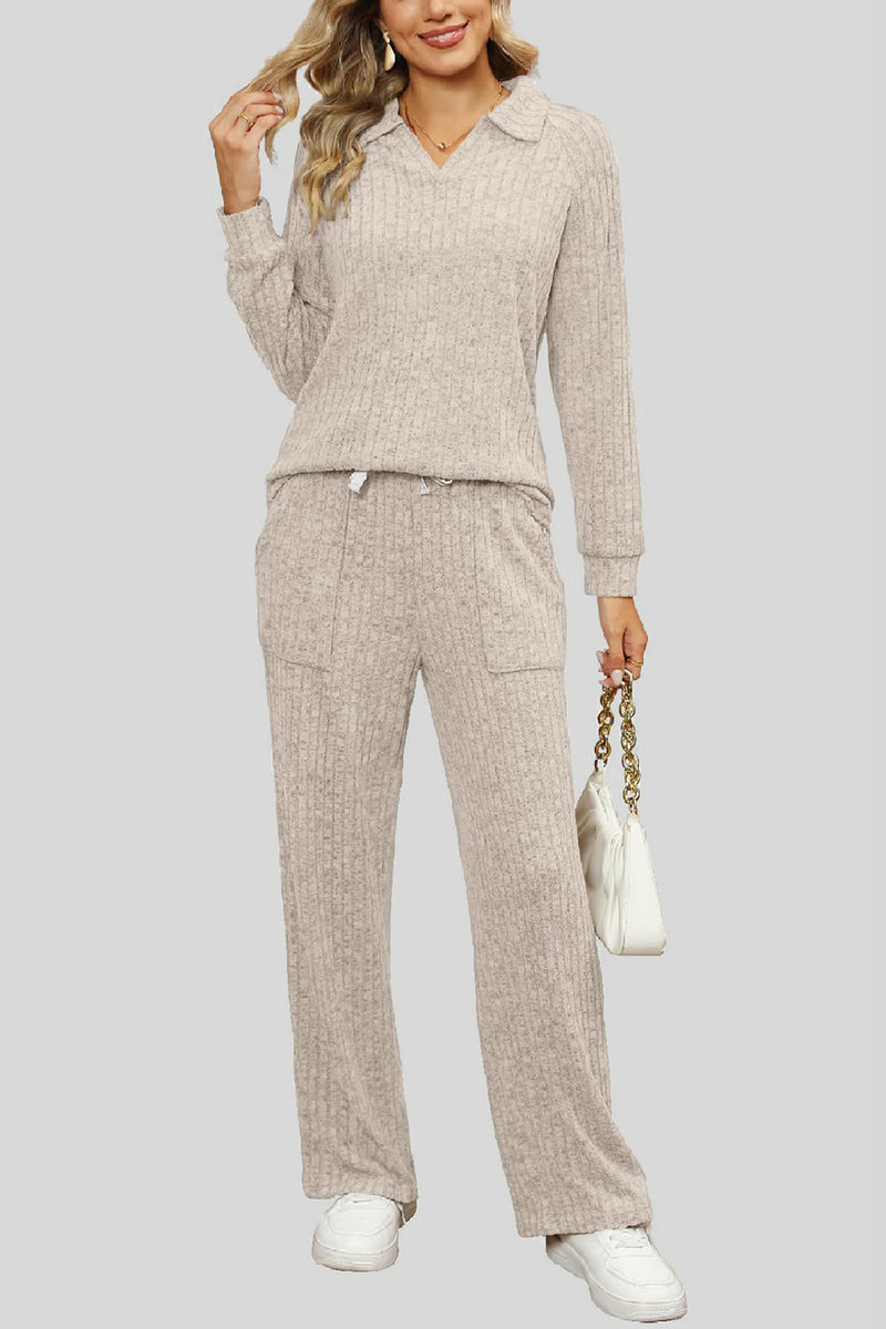Ribbed Long Sleeve Top and Pocketed Pants Set Tan