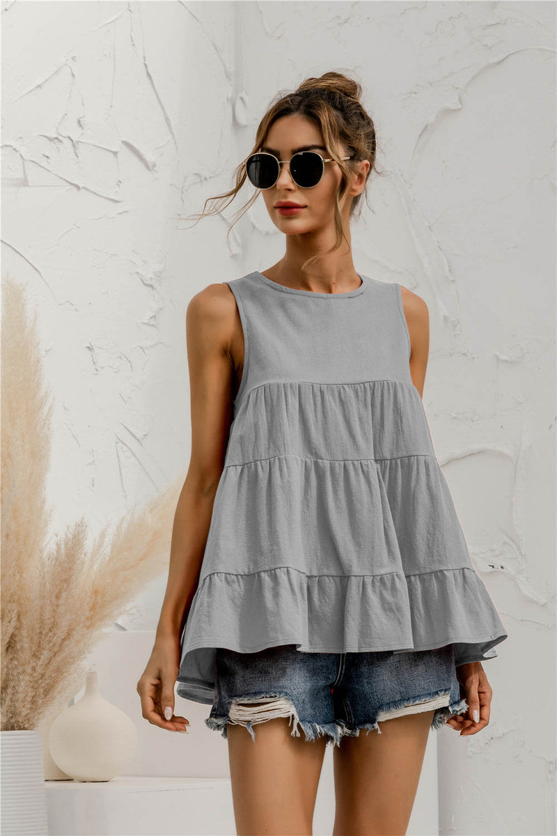 Round Neck Tiered Tank Cloudy Blue