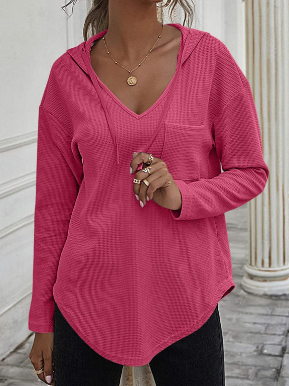 Drawstring Waffle Knit Long Sleeve Hooded Top Hot Pink