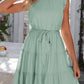 Ruffle Collar Tie Belt Tiered Dress