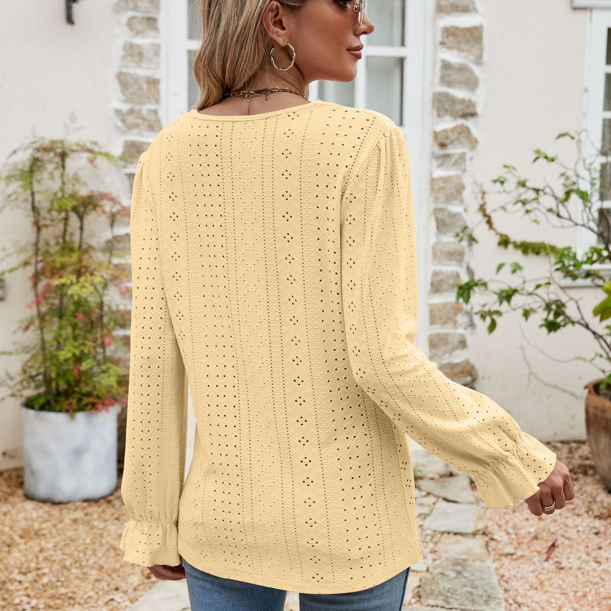 Eyelet Lace Trim Flounce Sleeve Blouse