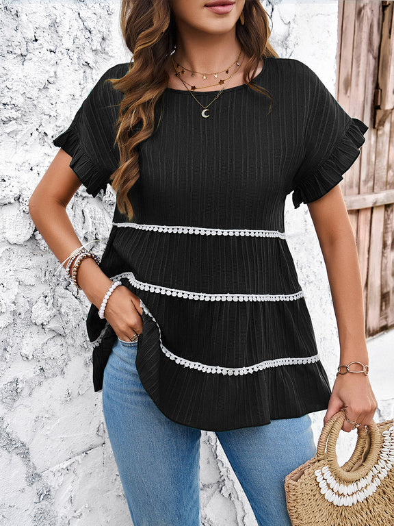Devine Round Neck Flounce Sleeve Blouse Black