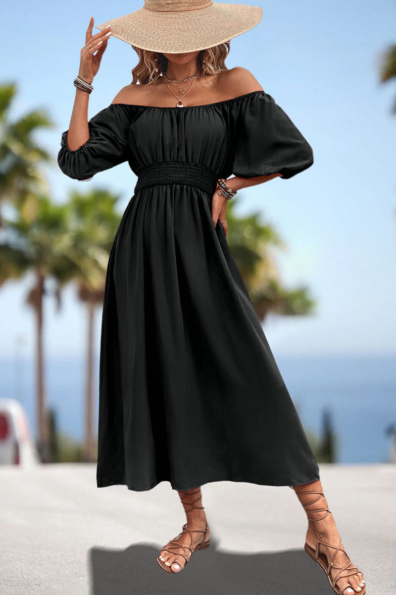 Square Neck Smocked Waist Puff Sleeve Midi Dress Black