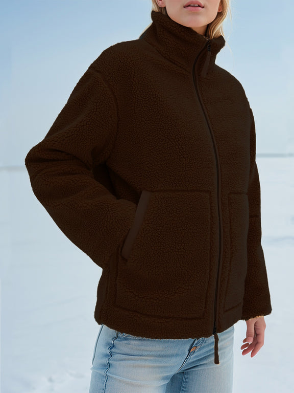 Turtleneck Zip Up Long Sleeve Plush Jacket Dark Brown
