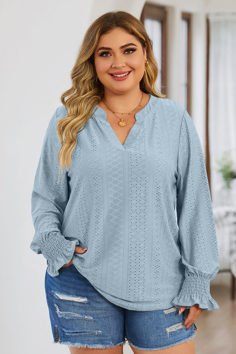 Plus Size Eyelet Notched Flounce Sleeve Blouse Light Blue