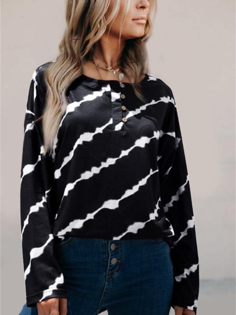 Striped Round Neck Long Sleeve T-Shirt Black