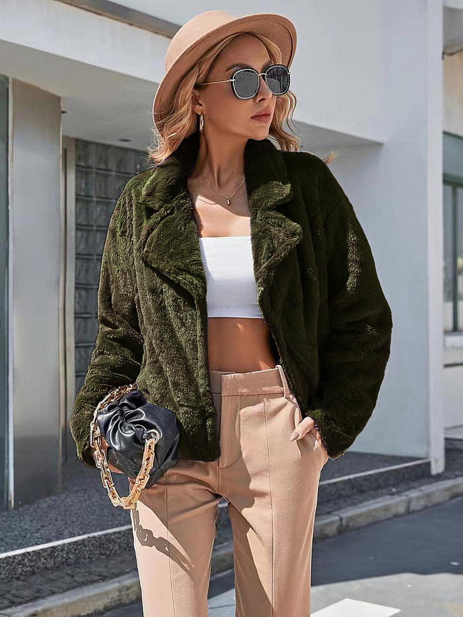 Ivy Lane Plush Open Front Dropped Shoulder Jacket Army Green