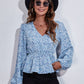 Ruched Printed V-Neck Long Sleeve Blouse