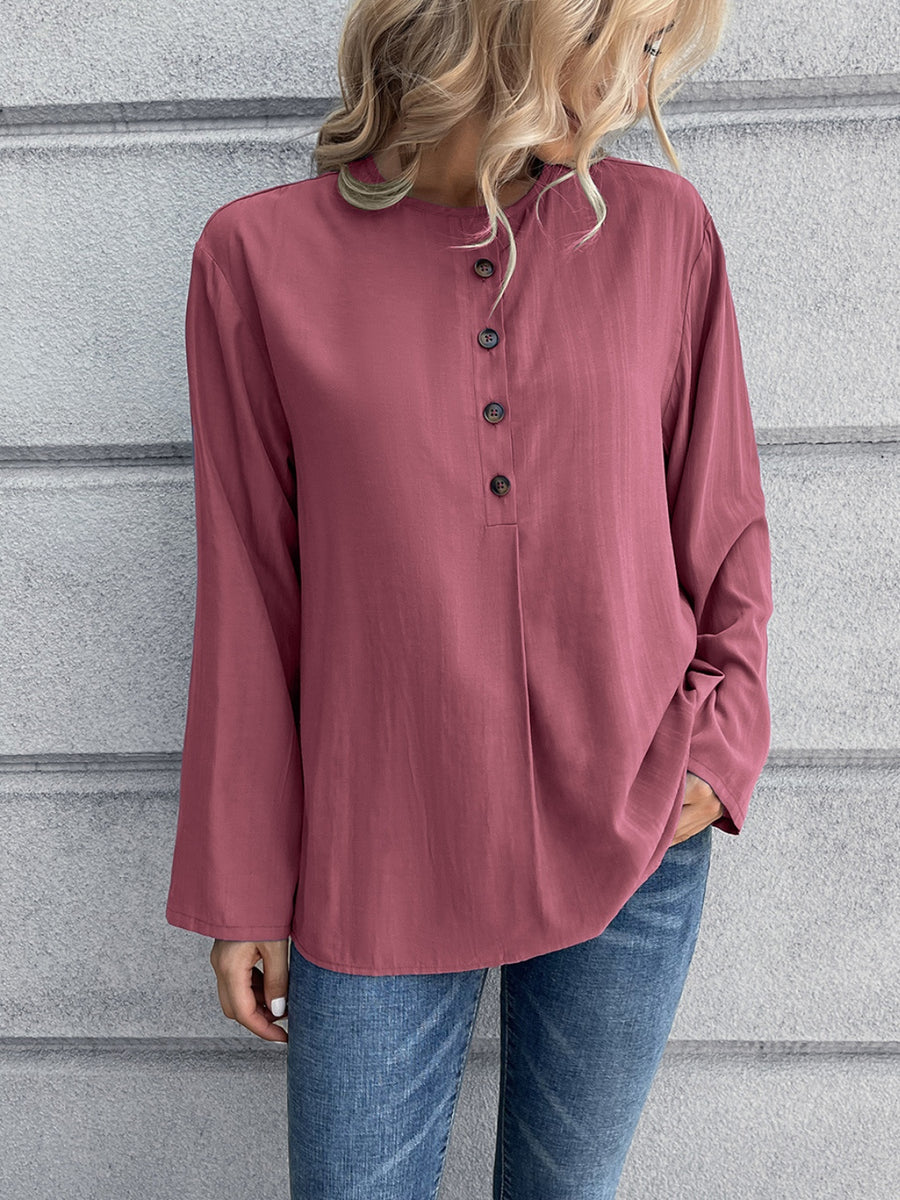 Ivy Lane Half Button Long Sleeve Blouse Deep Purple