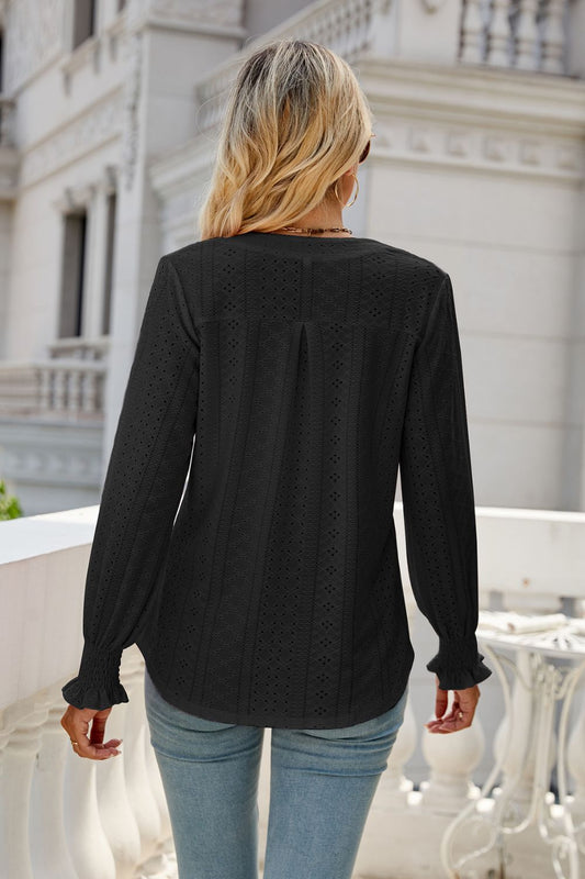 Notched Flounce Sleeve Eyelet Top