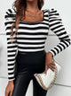 Striped Square Neck Puff Sleeve T-Shirt Black