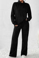 Ribbed Long Sleeve Top and Pants Set Black