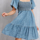 Smocked Square Neck Mini Denim Dress