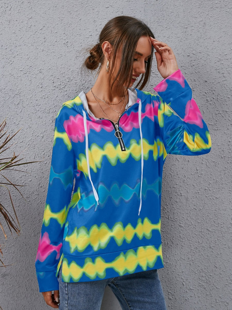 Contrast Quarter Zip Dropped Shoulder Hoodie Blue