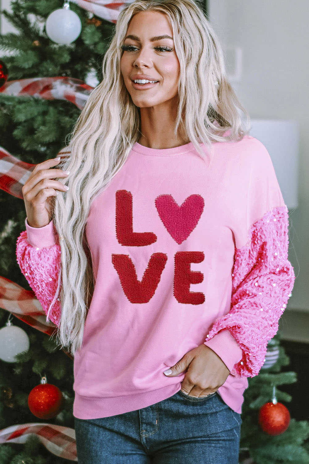 LOVE Sequin Dropped Shoulder Sweatshirt Pink