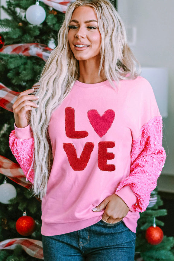 LOVE Sequin Dropped Shoulder Sweatshirt Pink