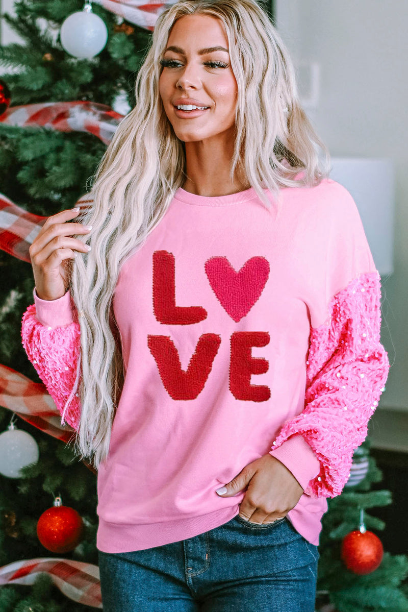 LOVE Sequin Dropped Shoulder Sweatshirt Pink