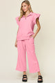 Double Take Texture Ruffle Short Sleeve Top and Drawstring Wide Leg Pants Set Pink