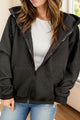 Drawstring Zip Up Long Sleeve Hooded Jacket Black