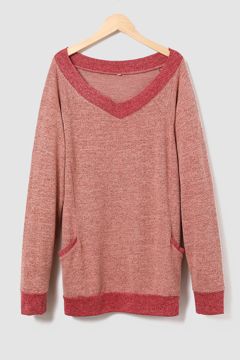 V-Neck Long Sleeve Sweatshirt with Pockets