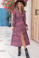 Printed Long Sleeve Slit Midi Dress Purple