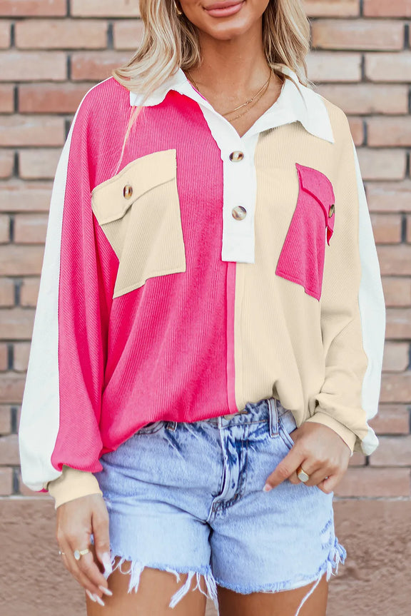 Pocketed Contrast Long Sleeve Sweatshirt Hot Pink