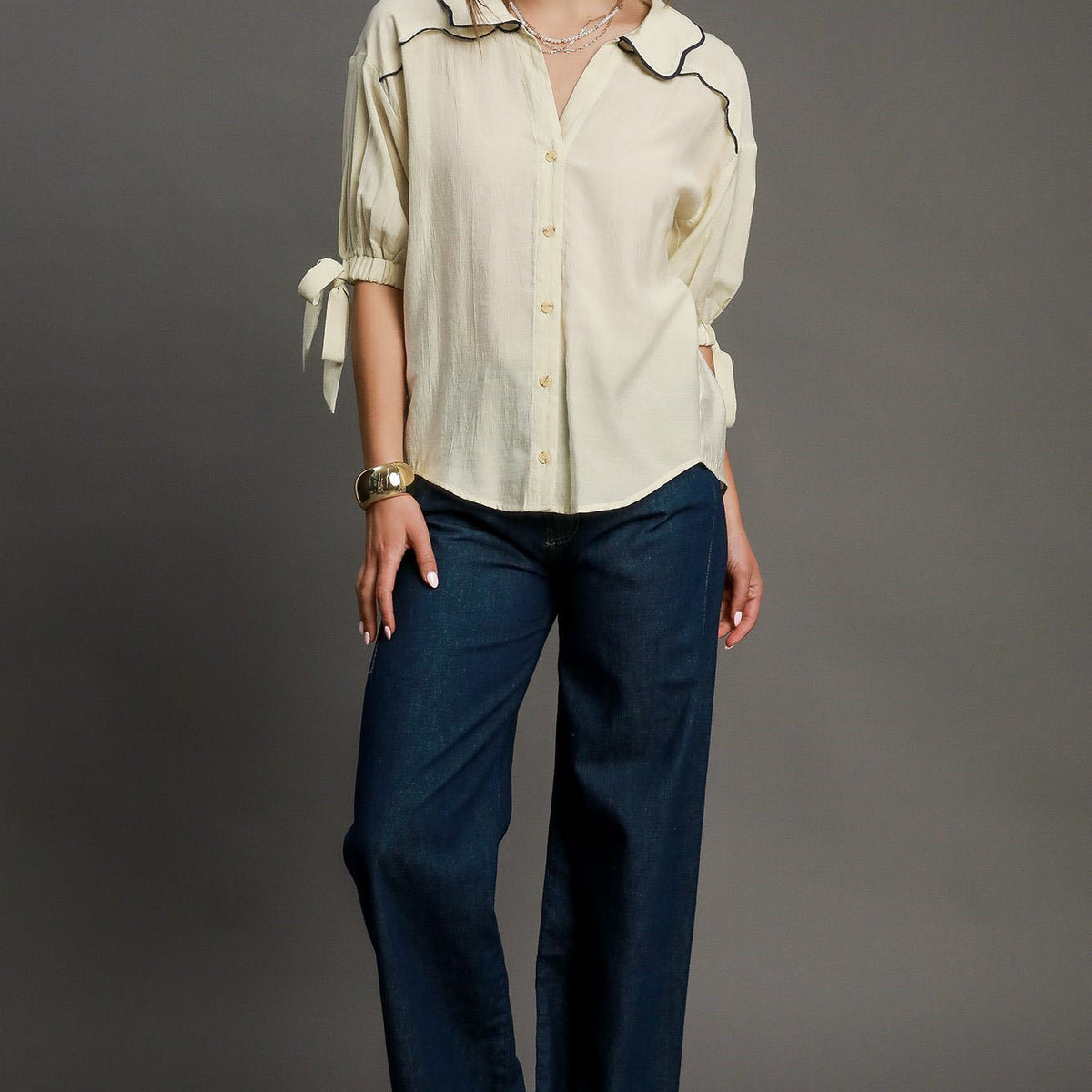 Umgee Full Size Embroidered Detail Button Down Shirt Plus Size