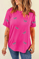 Sequin Bow Round Neck Short Sleeve T-Shirt Hot Pink